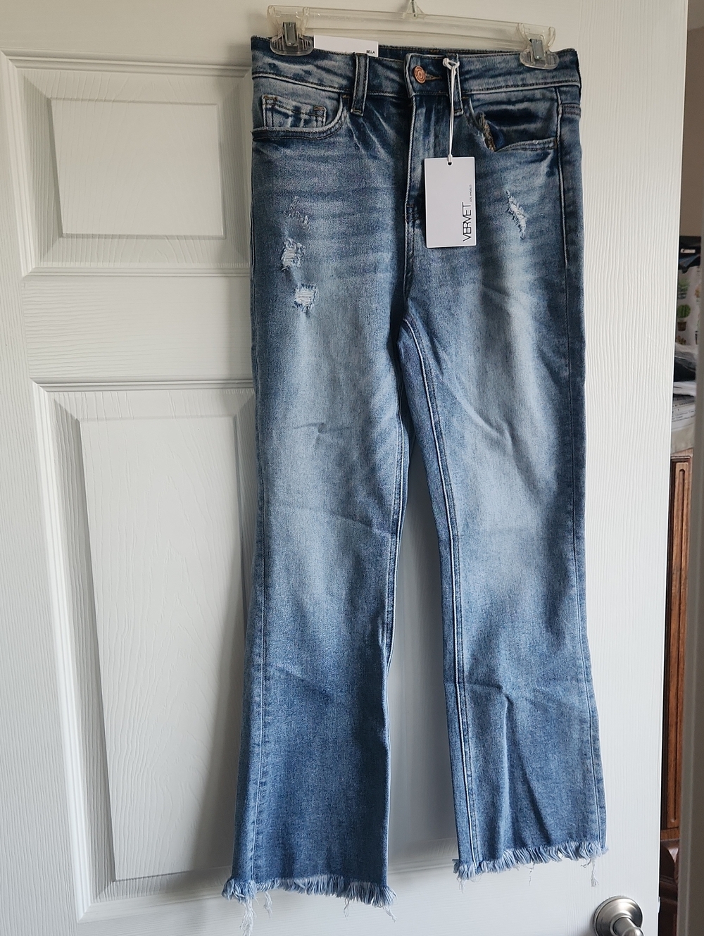 NWT VERVET Medium Blue Distressed High Rise Flare Jeans